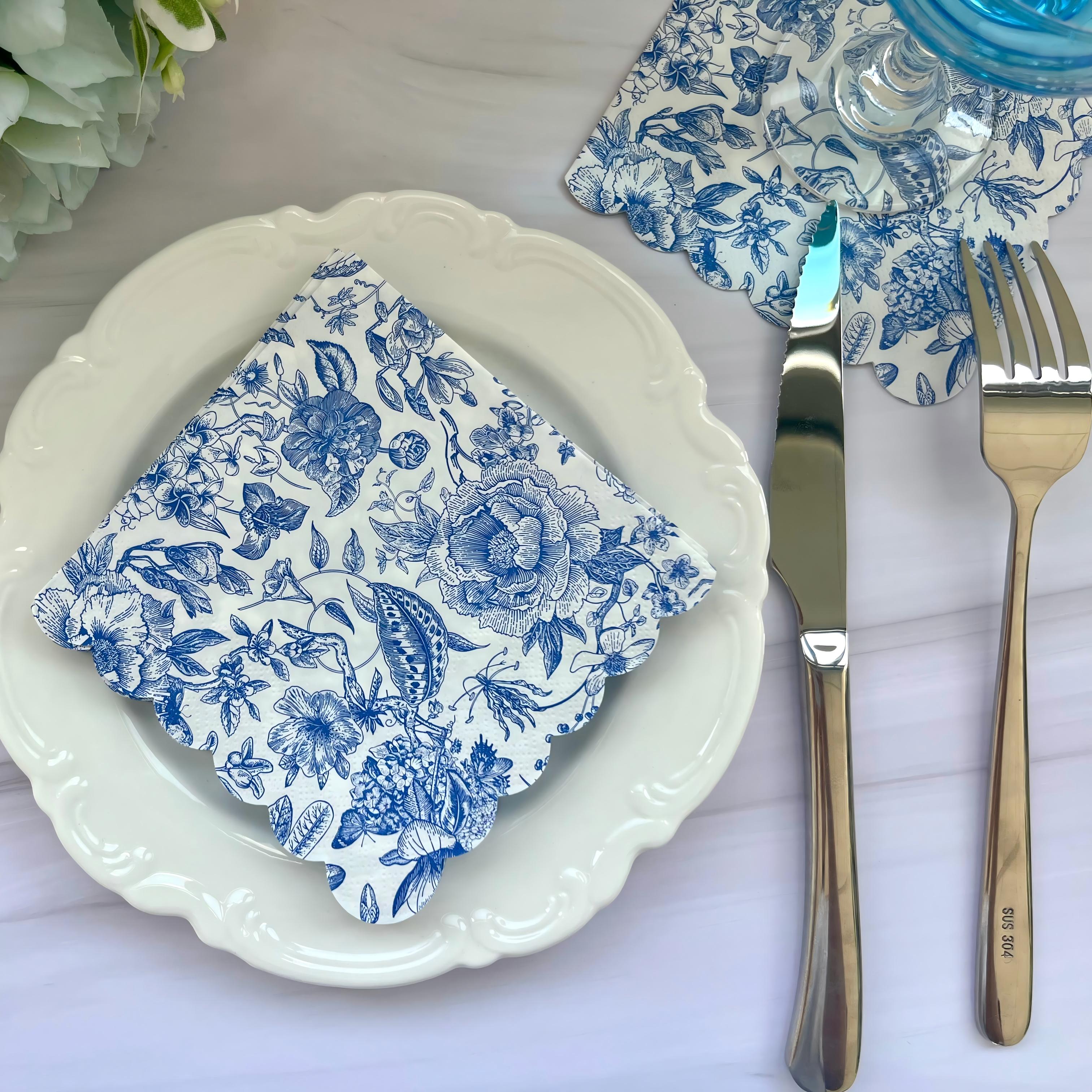 Blue Floral Paper Napkin Vintage Flower Lunch Napkin