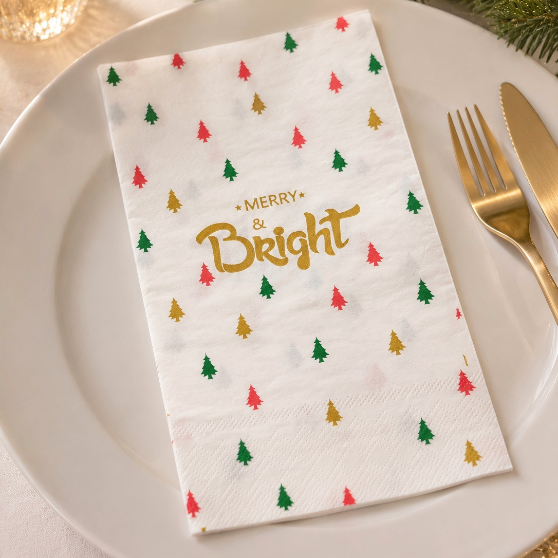 Merry & Bright Gold Printing Disposable Dinner Napkin para sa Xmas Party Table Setting